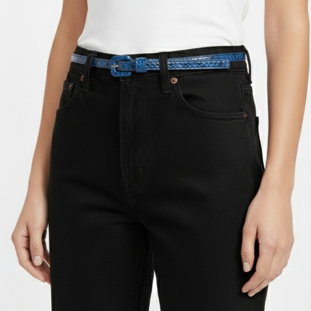 Skinny Faux Snakeskin Belt Patent Reptile Blue Black Silver